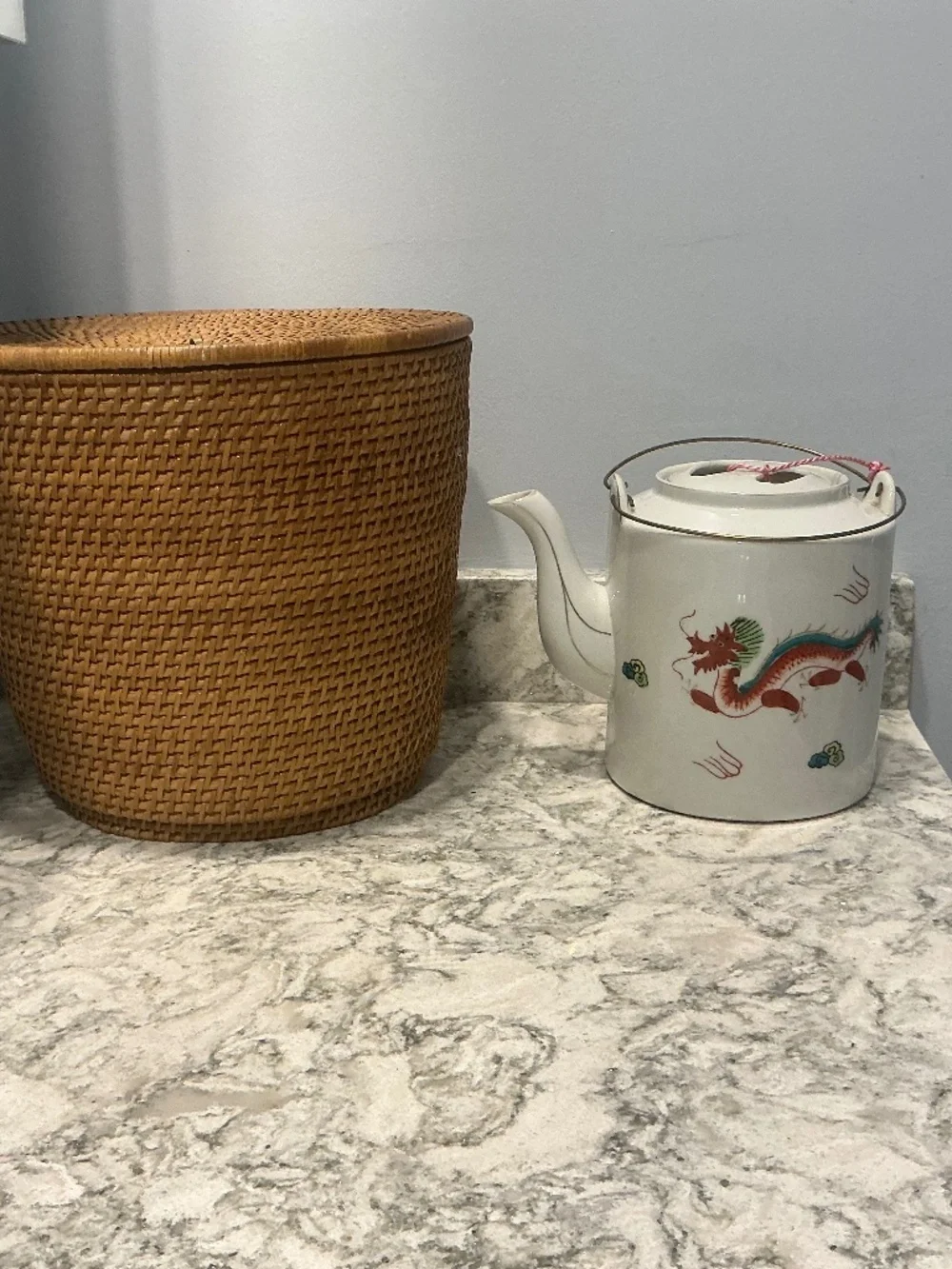 Vintage Japanese Hand Painted Porcelain tea pot w/ Basket